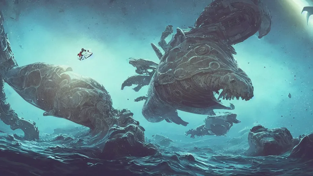 Prompt: An astronaut is under the sea, he has a big egg, he is swimming away from the giant leviathan that is behind hunting him, the leavithan has evil red eyes, this is an extravagant planet with wacky wildlife and some mythical animals, the background is full of ancient ruins, the ambient is dark with a terrifying atmosphere, by Jordan Grimmer digital art, trending on Artstation,