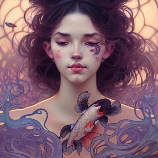 Image similar to Portrait of a girl surrounded by Koi fish, face, fantasy, intricate, elegant, highly detailed, digital painting, artstation, concept art, smooth, sharp focus, illustration, art by Loish and Artem Demura and alphonse mucha