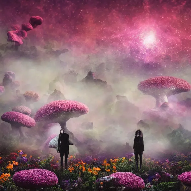 Image similar to a planet of various flowers, fungus and plants, in which the singular human figure is dressed in something magical and impressive, inside the picture is infinity, sunset light, Atmospheric phenomenon, artistic photography, muted colors, conceptual, long exposure outside the city, volumetric light