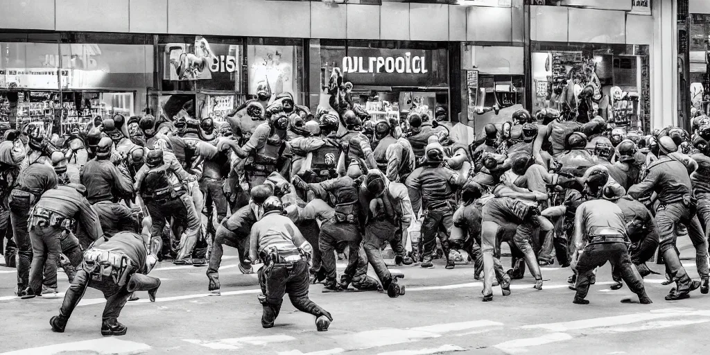 Image similar to crowd of crazy people attacking a crowd of cops in front of stores in lo angeles, photorealism, professional lighting, lighting from streetlights, photo with japanese chill style, conceptual art