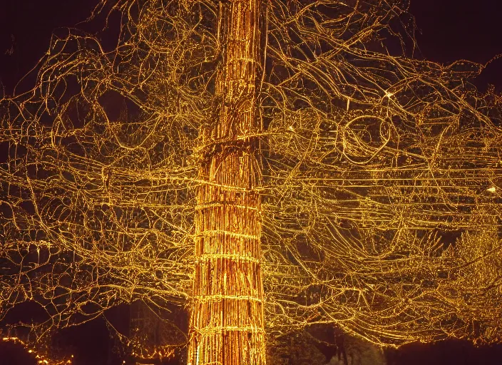 Image similar to a 2 8 mm macro kodachrome photo of ornate mechanical metallic trees with glowing lights and twisted electric wires in yosemite national park in the 1 9 5 0's, seen from a distance, bokeh, canon 5 0 mm, cinematic lighting, film, photography, golden hour, depth of field, award - winning, cyberpunk, neon