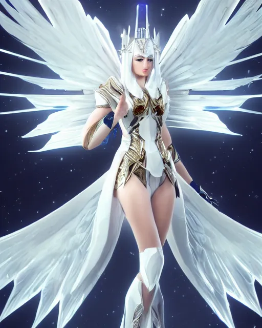 Image similar to perfect white haired egyptian goddess wearing white dove wings, warframe armor, regal, attractive, ornate, sultry, beautiful, ice queen, half asian, pretty face, blue eyes, detailed, scifi platform, 4 k, ultra realistic, epic lighting, android body, illuminated, cinematic, masterpiece, art by akihito tsukushi, voidstar