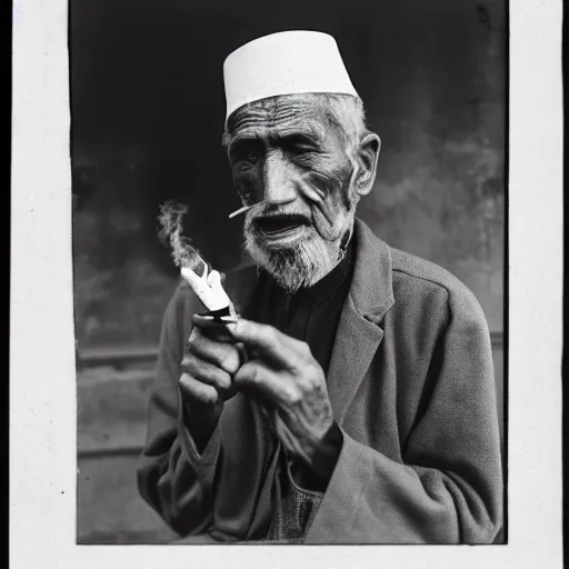 Image similar to photograph of an elderly hui muslim man looking at the camera and smoking a pipe
