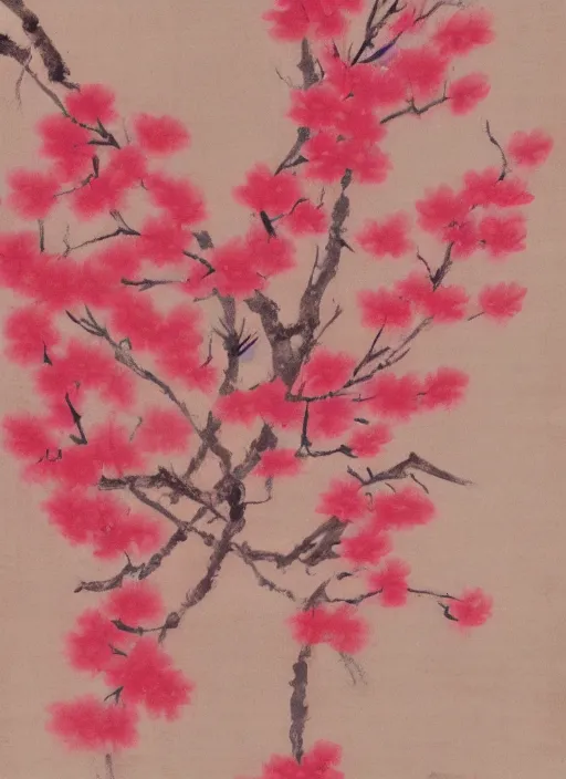 Image similar to a beautiful red-ish and pink-ish deformed sakura painted by an unknown artist, unknown artstyle, unknown date and year, undiscovered