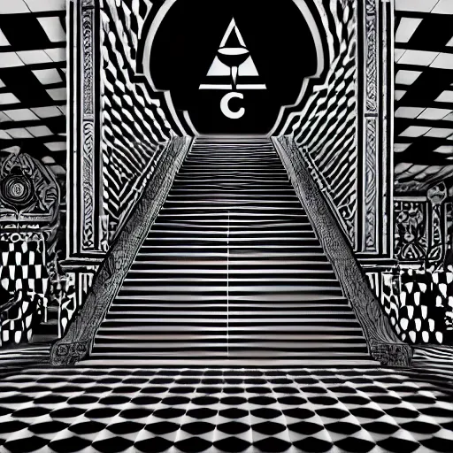 Image similar to A black and white freemasonic chequered surrealist digital painting of a stairway to into the clouds in the art style of jeff koons, Gilbert williams, Edwin Frederic Church and Christopher Balaskas, trending on artstation, 4k UHD