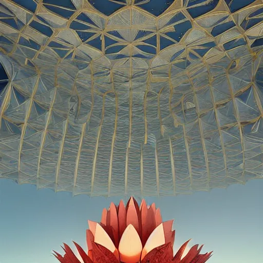 Image similar to futuristic lotus fractal temple with gold, red and white marble panels, in the desert, by buckminster fuller and syd mead, intricate contemporary architecture, photo journalism, photography, cinematic, national geographic photoshoot