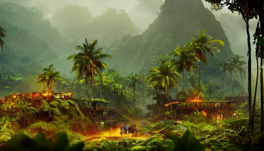 Prompt: tropical jungle, wall wood fortress, an epic fantasy, dramatic lighting, cinematic, establishing shot, extremely high detail, photorealistic, cinematic lighting, artstation, matte painting, by simon stalenhag, Uncharted 4: A Thief's End