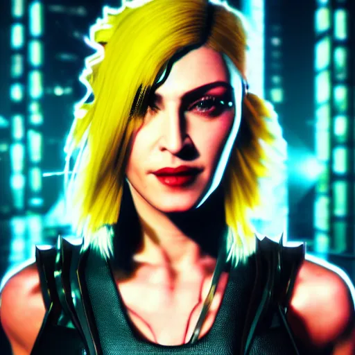 Prompt: madonna portrait, Cyberpunk 2077, photorealistic, ultra detailed, cybernetic head, neon, octane, bokeh, cyber, cyber style, feature, scars, cyberface, 8k