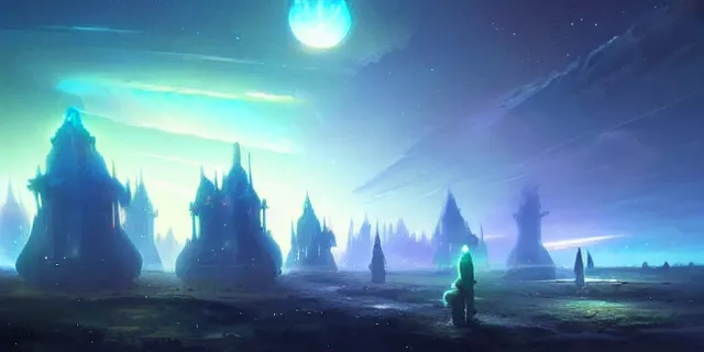 Image similar to a fleet of giant glowing futuristic cubes in the sky, a fantasy magical landscape seen in the distance, atmospheric lighting, intricate, volumetric lighting, beautiful, sharp focus, ultra detailed, in the art style of marc simonetti, bowater charlie and brom gerald, astrophotography