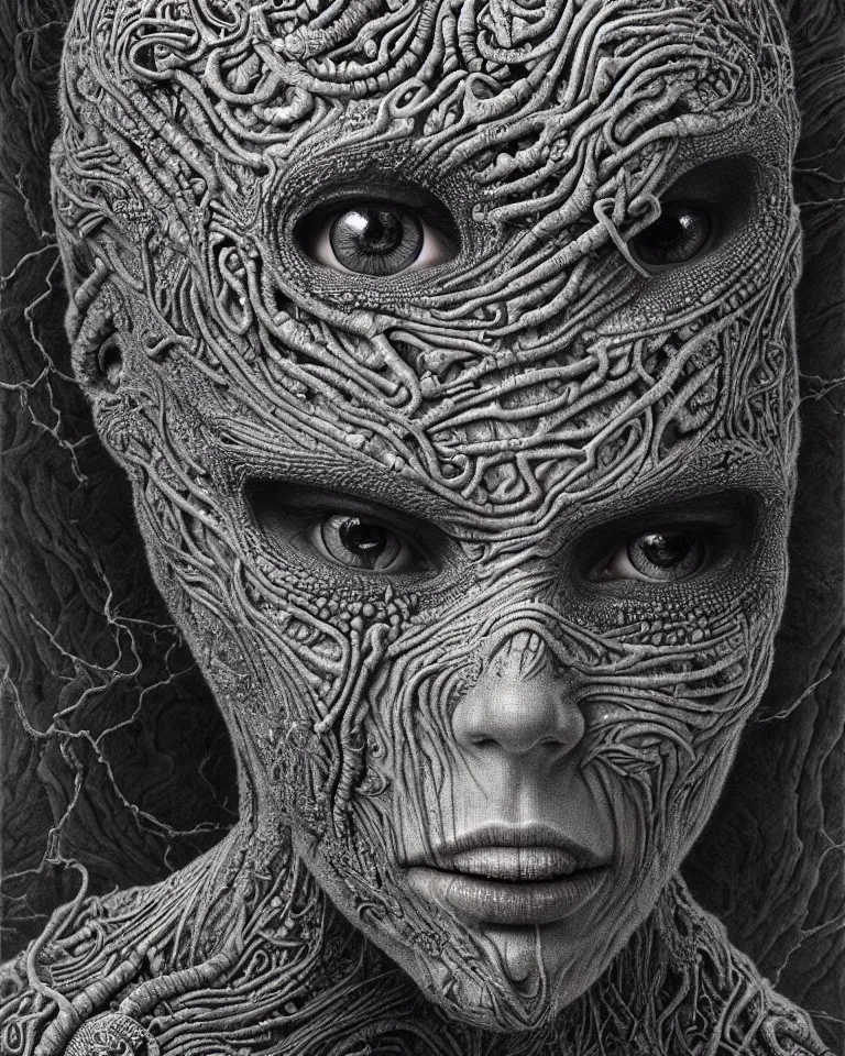 Image similar to ultra realist intricate detailed portrait of a single rugged attractive female on an alien landscape, insanity, accurate features, apocalyptic, very intricate details, 8 k resolution, dim lighting, volumetric lighting, artstyle zdzisław beksinski and keith thompson, award winning