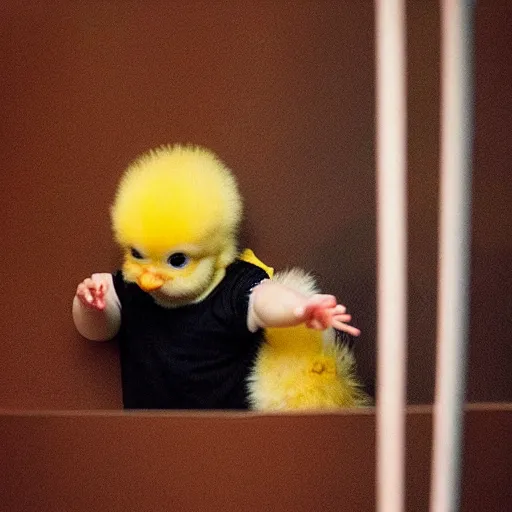 Image similar to cute baby chick dressed as an inmate in jail