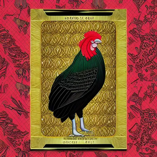 Prompt: dark military portrait of a majestic Fat!!!! Black Rooster, the King of rooster, red gold black royal tarot card background with green Cannabis Leaves, ultra-detailed pen and ink illustration, vibrant red and green colours, shiny gold, sharp focus, matte painting, symmetrical, golden ratio, cgsociety, concept art, 8k, octane render, artstation, art by greg rutkowski and Alphonse Mucha and by john kenn mortensen