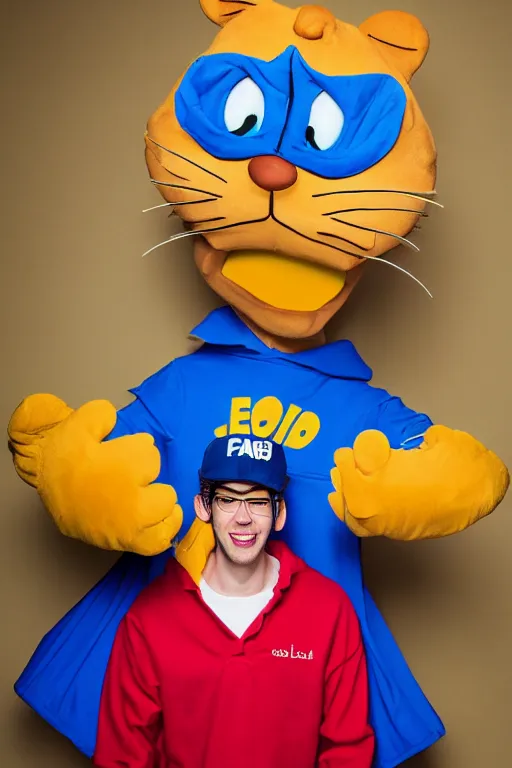 Image similar to portrait of Jacksfilms dressed in Garfield costume, cosplay photograph,