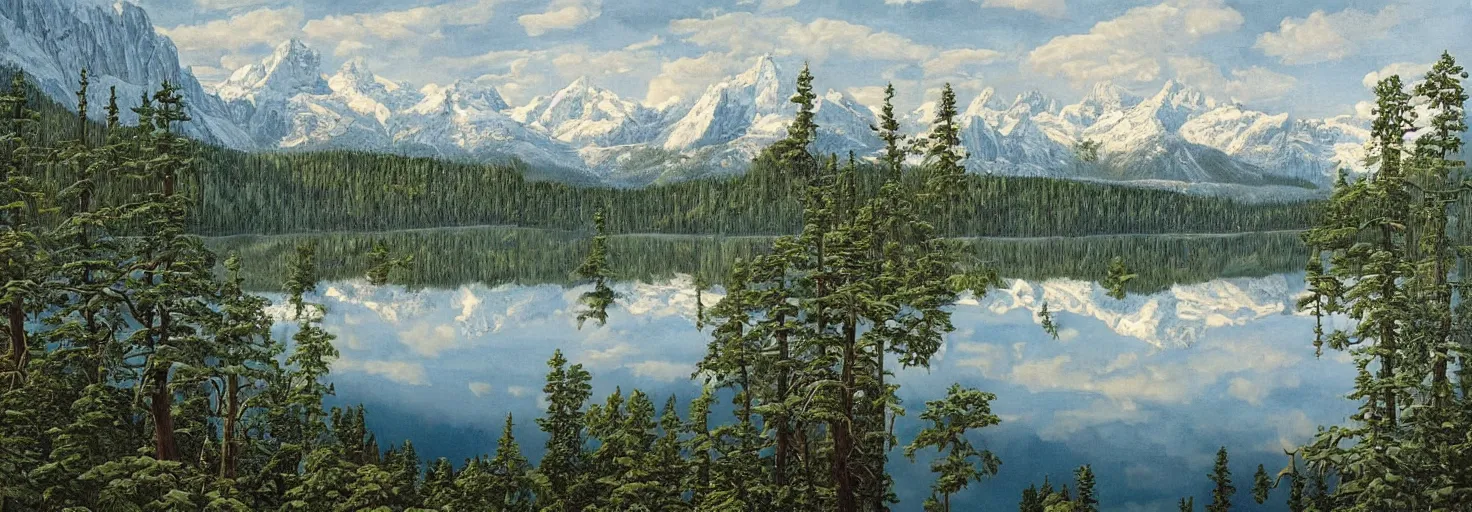 Prompt: escher painting of a lake, big trees reflecting on lake surface, mountains at background, snowy, ultra sharp, ultra detailed, uplifting emotion, colorized by salvador