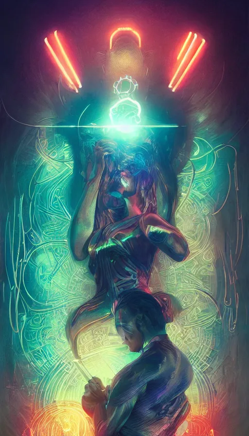 Image similar to tarot card, altered carbon, neon, fool, dreamy vibe, fibonacci, sweat drops, insane intricate, highly detailed, digital painting, artstation, concept art, smooth, sharp focus, illustration, unreal engine 5, 8 k, art by artgerm and greg rutkowski and alphonse mucha