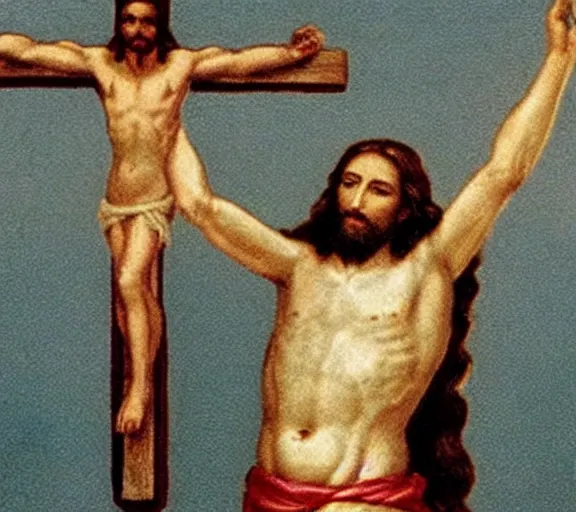 Image similar to color film still of jesus christ taking a selfie at his own crucifixion