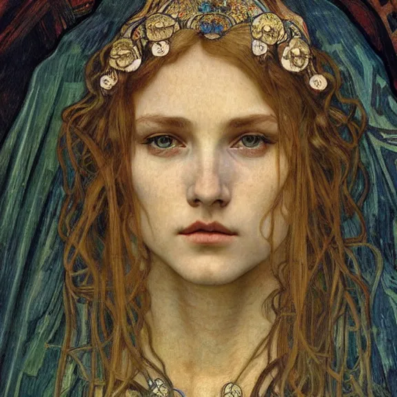 Image similar to detailed realistic beautiful young medieval queen face portrait by jean delville, alphonse mucha, vincent van gogh, and marco mazzoni, art nouveau, symbolist, visionary, gothic, pre - raphaelite