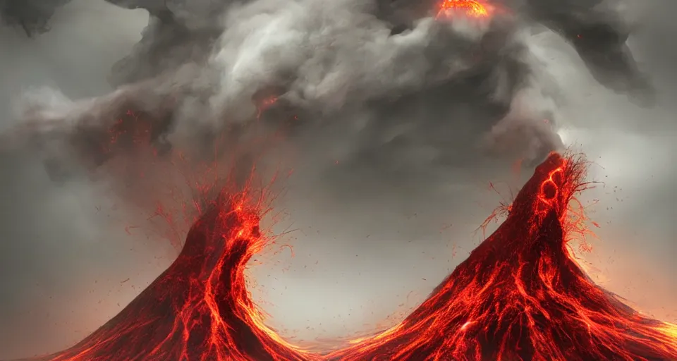 Prompt: a volcano made of ivory vines and crimson rocks enters in eruption, it spits a smoke in the shape of demonic eye, by CGSociety