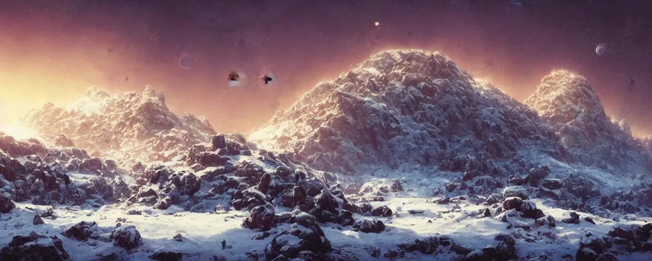 Prompt: ” outer planet with a rugged extremely high snow topped mountain range, [ art by paul lehr, cinematic, detailed, epic, widescreen, opening, establishing, mattepainting, photorealistic, realistic textures, octane render ] ”