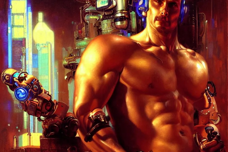 Prompt: cyberpunk style, attractive muscular male with tattoo, robotic arm, neon lights, cool tint, painting by gaston bussiere, craig mullins, j. c. leyendecker, tom of finland