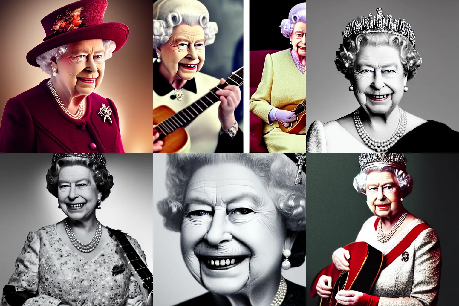 Prompt: Queen Elizabeth II with guitar, realistic, cinematic, dramatic light, hyper realistic photo, close-up photo