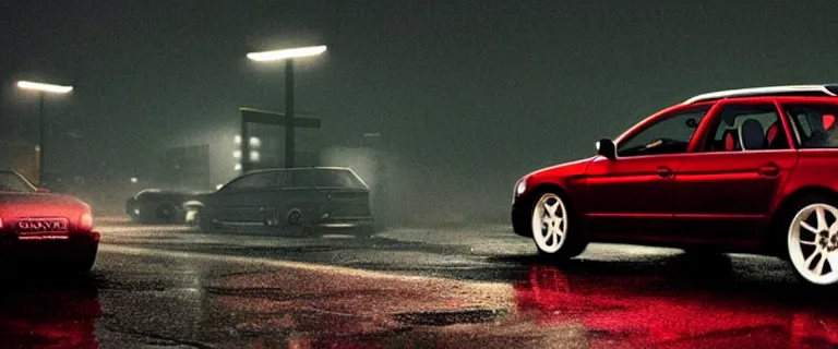 Image similar to Audi A4 B6 Avant (2002), a gritty neo-noir, simon stalenhag, Max Payne (PC) (2001) winter new york at night, dramatic bright lighting, cinematic, establishing shot, extremely high detail, photorealistic, cinematic lighting, artstation, by simon stalenhag, dark night, bright lights, eldritch horror, dark blue filter