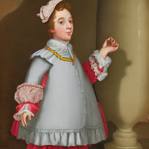 Prompt: a boy wearing a rococo dress