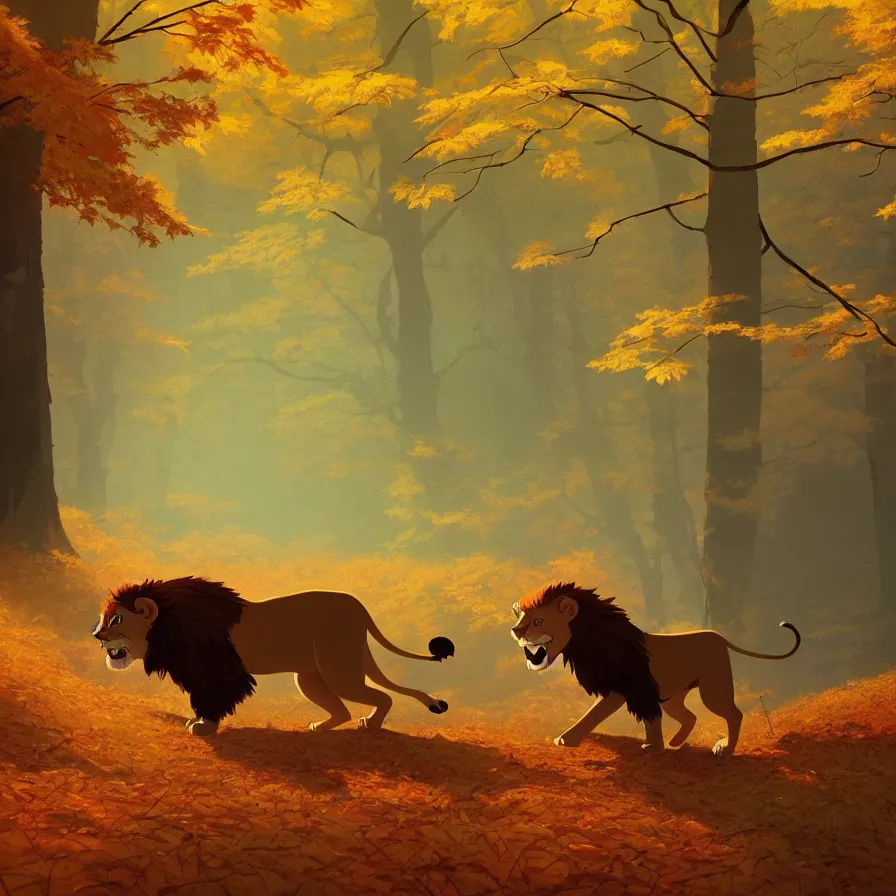 Image similar to Goro Fujita illustrating side view of a lion walking through a beautiful autumn forest, art by Goro Fujita, sharp focus, highly detailed, ArtStation