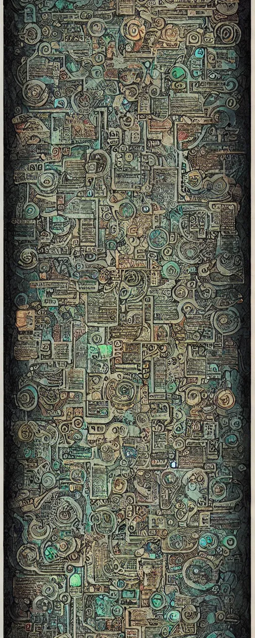 Image similar to an intricate detailed cyberpunk parchment with sketches and matrix rain, ancient text, neon, fractals, recursive, magic, technological, cyberpunk, lovecraft