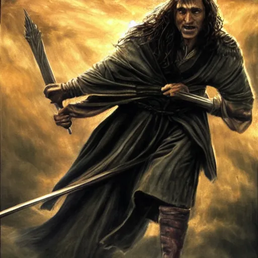 Image similar to Saurom from Lord of the Rings as a wizard in Harry Potter, fighting Lord Voldemort, dramatic lighting, oil painting, highly detailed