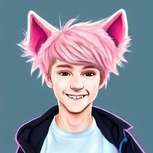 Prompt: a highly detailed portrait drawing of a cute teen boy with pink hair and pink wolf ears, smiling, waring a collar and a hoodie, artstation, fantasy