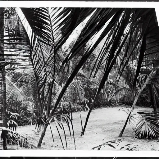 Prompt: a rizom lost film footage of an anthropological sphere in the middle of the tropical jungle / object / abstract / modernism / film still / cinematic / enhanced / 1 9 2 0 s / black and white / grain