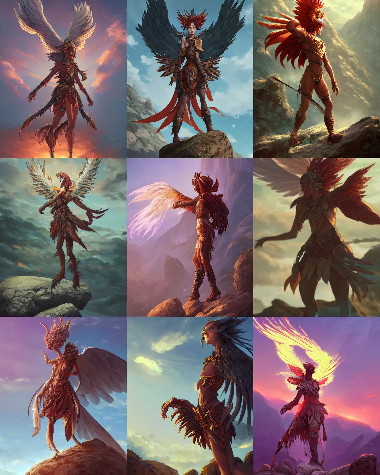 Prompt: an anthropomorphic phoenix warrior standing heroically on a rock. She is wearing tribal armor, she has the head of a phoenix, she has two wings on her back, she has feathers. trees. atmospheric lighting, stunning, brave. By Makoto Shinkai, Stanley Artgerm Lau, WLOP, Rossdraws, James Jean, Andrei Riabovitchev, Marc Simonetti, krenz cushart, Sakimichan, D&D trending on ArtStation, digital art.