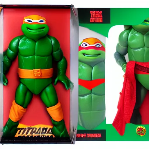 Prompt: packaging for a teenage mutant ninja turtle raphael neca toy