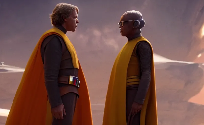 Prompt: cinematic still image screenshot portrait of luke skywalker wearing a yellow cape talking to maz kanata, ending from force awakens crisp 4 k imax, moody iconic scene