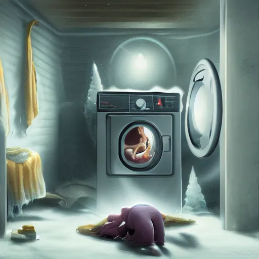 Image similar to woman demon crawling out of a washing machine in a laundry room, cinematic lighting, inspired by Evgeny Lushpin,George, greg rutkowski winter,nighttime,cinematic,art station