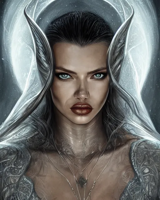 Image similar to face-centred portrait Adriana Lima as Galadriel, body covered in elfish tattoos , open magic book glowing, D&D, fantasy, highly detailed, digital art, fantasy illustration, trending on artstation, smooth, sharp focus, illustration, art by artgem and ROBERT HYNES