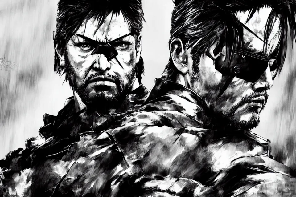 Image similar to a full - body portrait of chow yun - fat, in yoji shinkawa's art style, metal gear solid art style highly detailed, 4 k, artistic, white background, b & w