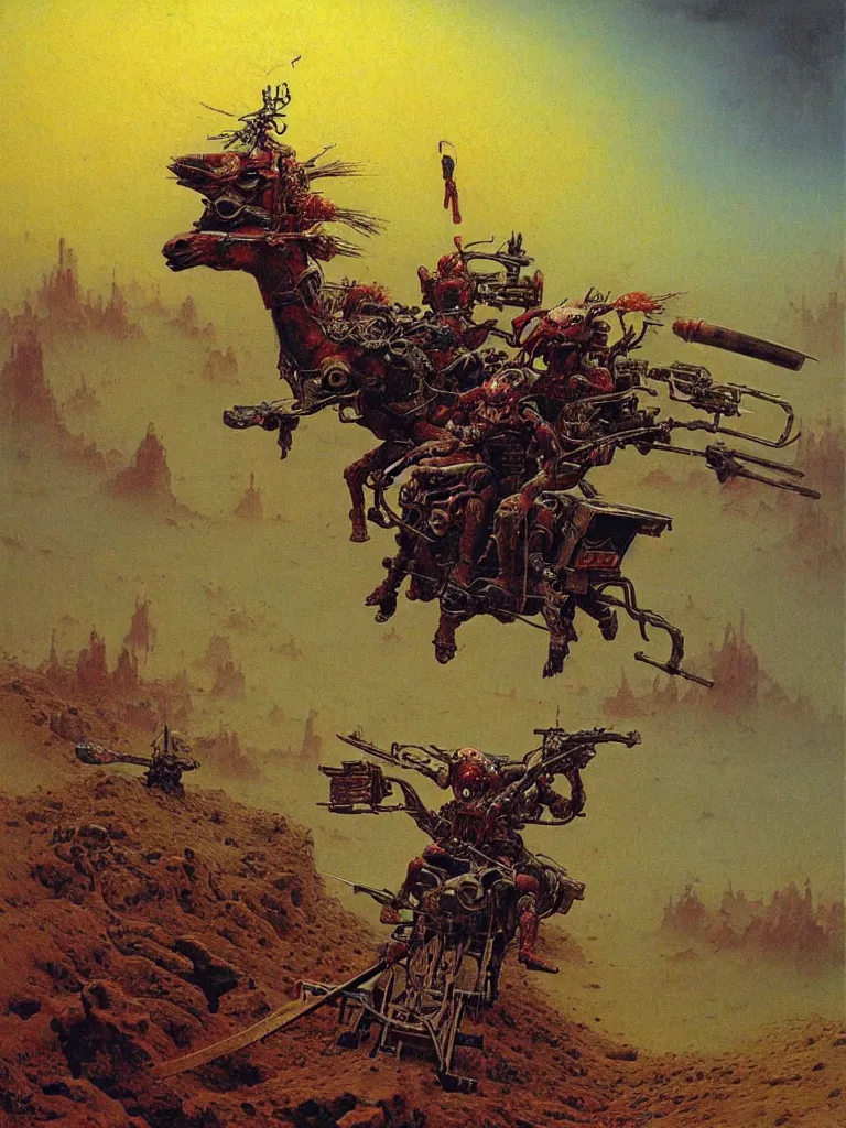 Image similar to epic llama wizard riding futuristic quadbike through the gates of hell, wearing samurai armour, and firing missiles, highly detailed beksinski painting