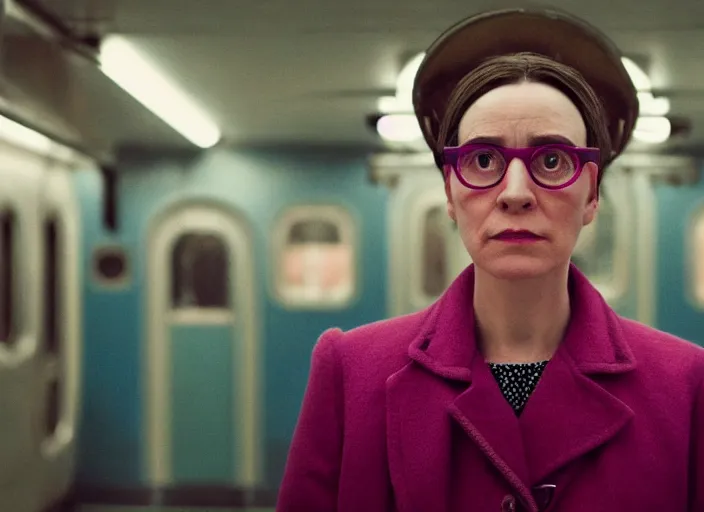 Prompt: cinematic mid shot of a high detail, woman's face looking off camera, with round glasses. fine facial features. she stands in an empty, pastel colourful 3 d, new york subway scene by jeffrey smart and gregory crewdson and edward hopper, inspired by the grand budapest hotel, lots of pastel colour