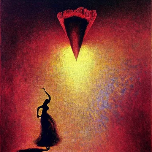 Image similar to Carmen sings beautifully, mesmerizing a crowd and shattering worlds- contest-winning artwork by Salvador Dali, Beksiński, Van Gogh and Monet. Stunning lighting