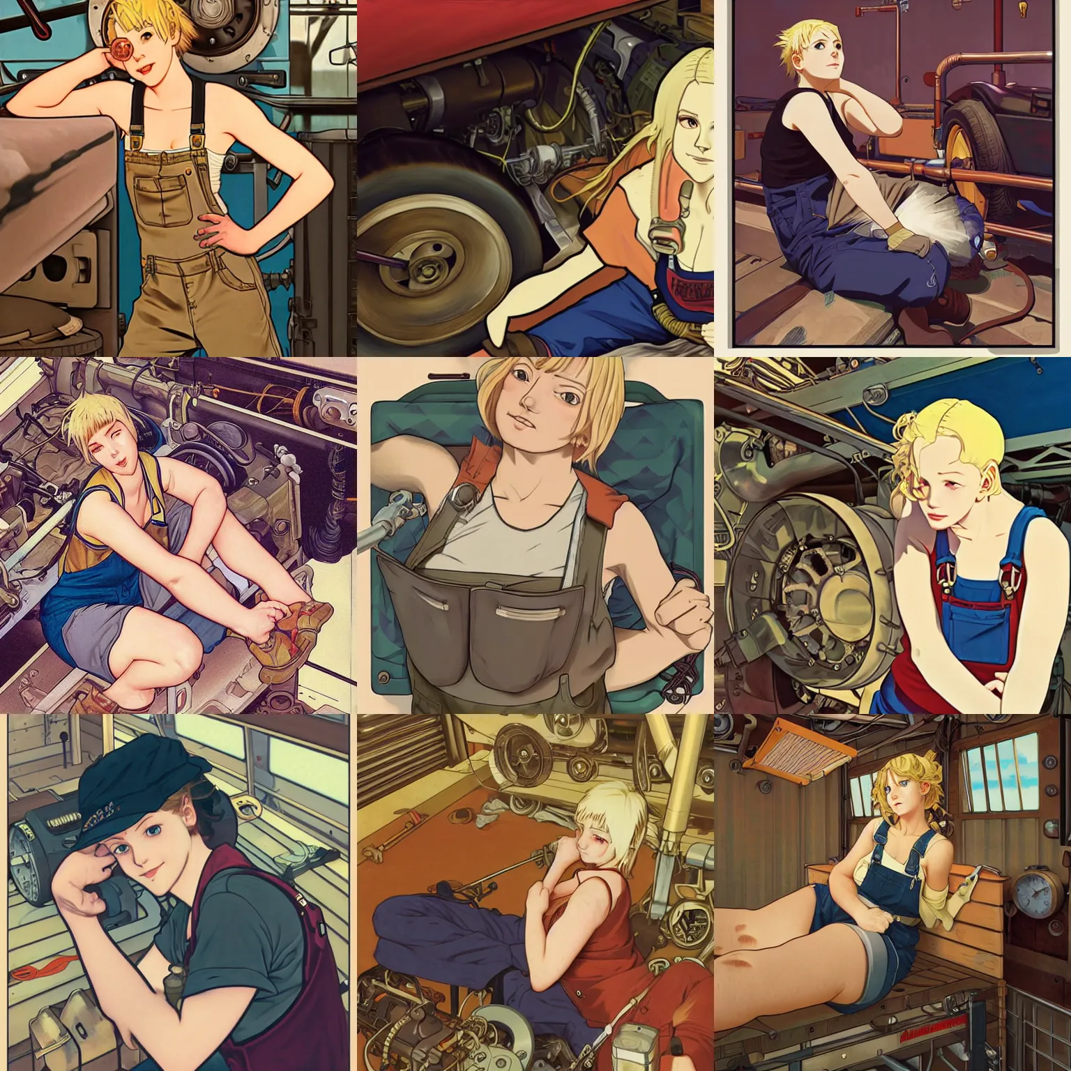 Prompt: portrait of a mechanic resting in her cramped bunk, blonde, tank top, overalls, steampunk, richly defined face, highly detailed, cel shading, digital painting, anime key visual, artwork by ilya kuvshinov and hayao miyazaki and alphonse mucha