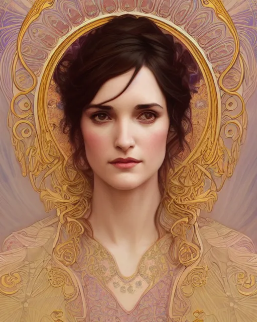 Image similar to winona ryder | highly detailed | very intricate | art nouveau | gold filigree | storybook illustration | soft cinematic lighting | award - winning | painted by mandy jurgens and alphonse mucha and alena aenami | pastel color palette | featured on artstation