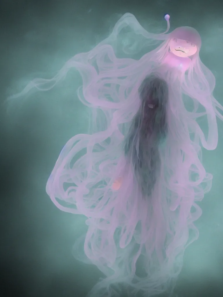 Image similar to cute fumo plush smiling ectoplasmic gothic jellyfish ghost girl waving in deep fog over mysterious waters, anime, reflective river bank in the midst of a forgotten forest, glowing pink wisps of hazy green smoke and eerie blue volumetric fog swirling about, moonlight, glowing lens flare, black and white, refraction, vray