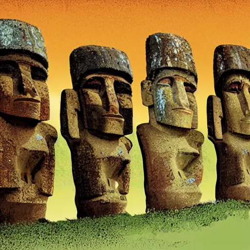 Image similar to easter island meets mapuches. illustration. digital art