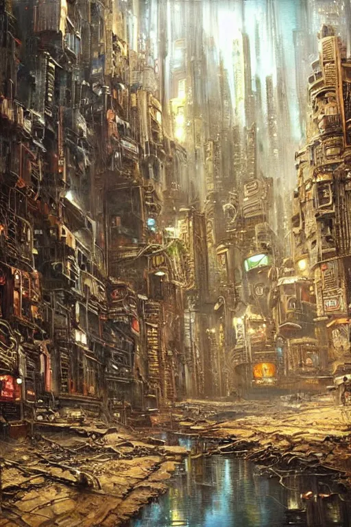 Image similar to beautiful oil painting of a subterranean cyberpunk city with abandoned houses fantasy trees, water, painted by James Gurney