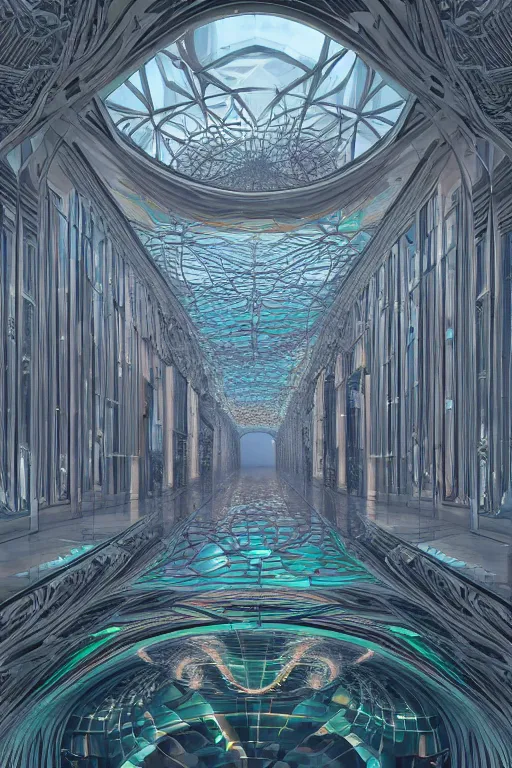 Image similar to a beautiful hyperrealistic clean 3d render of a hall of infinite mirrors, gigantic, octane render, brilliantly coloured, intricate, ultra wide angle, trending on artstation, dusk, volumetric lighting, polished, micro details, ray tracing, 8k