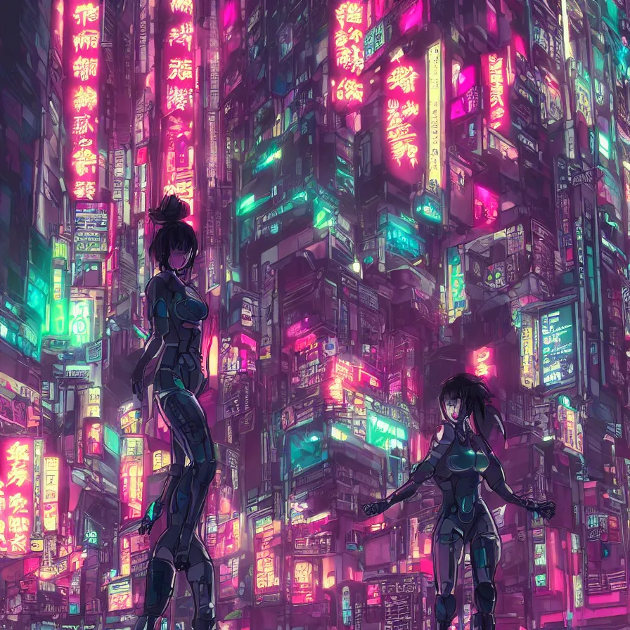 Prompt: a female android running in cyberpunk tokyo by night, digital hand drawing and coloring, ghost in the shell, neons lights