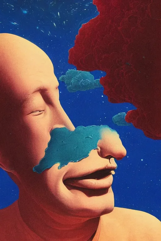 Prompt: a scifi closeup portrait of a young british man licking a blotter paper of LSD acid on his tongue and dreaming psychedelic hallucinations in cosmos, by kawase hasui, moebius, Edward Hopper and James Gilleard, Zdzislaw Beksinski, Steven Outram colorful flat surreal design, hd, 8k, artstation