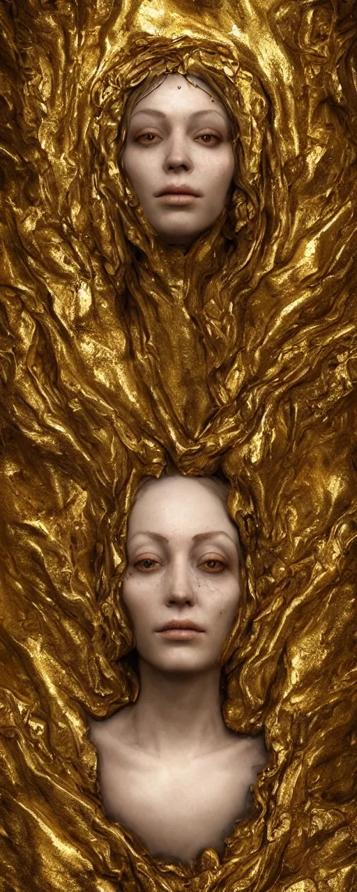 Image similar to portrait photo of a surreal goddess floating in the middle of a ancient wood, gold raining in the background, ultra super good realistic 3D render by Pete Morbacher and Emil Melmoth, insanely detailed, trending on artstation, sharp focus